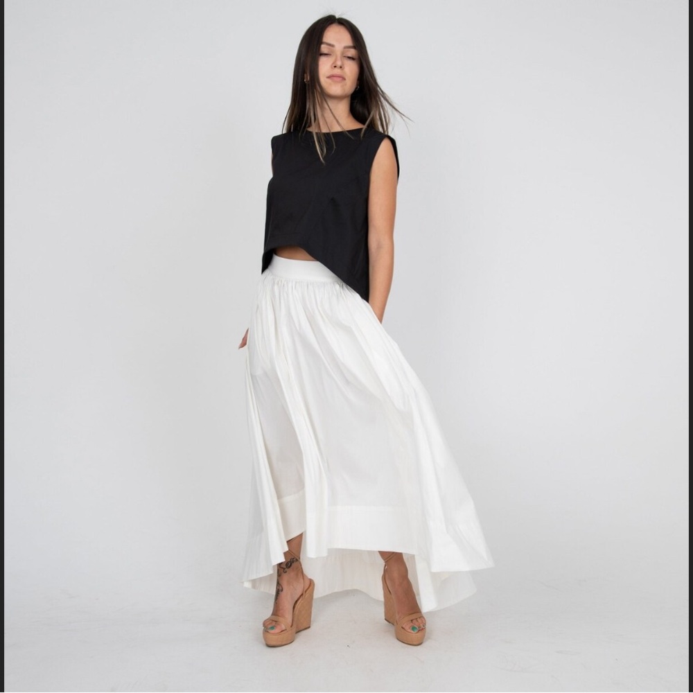 Asymmetrical Cotton Maxi Skirt Vertically-Lined White Cotton by Flo Atelier NWT